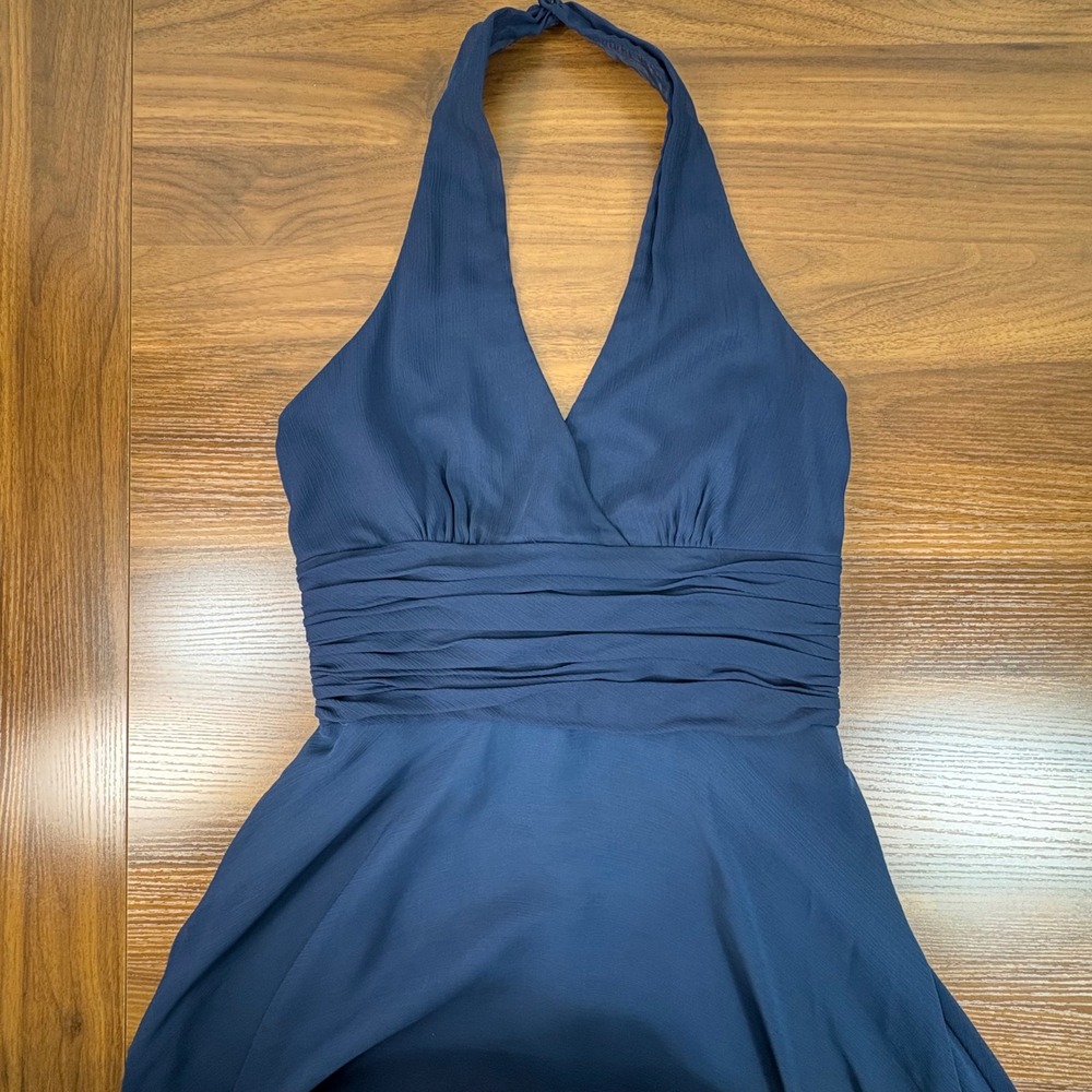 Maggy London Navy‎ Blue Chiffon Halter Dress Ruched Waist Back Bow Size 6 Party